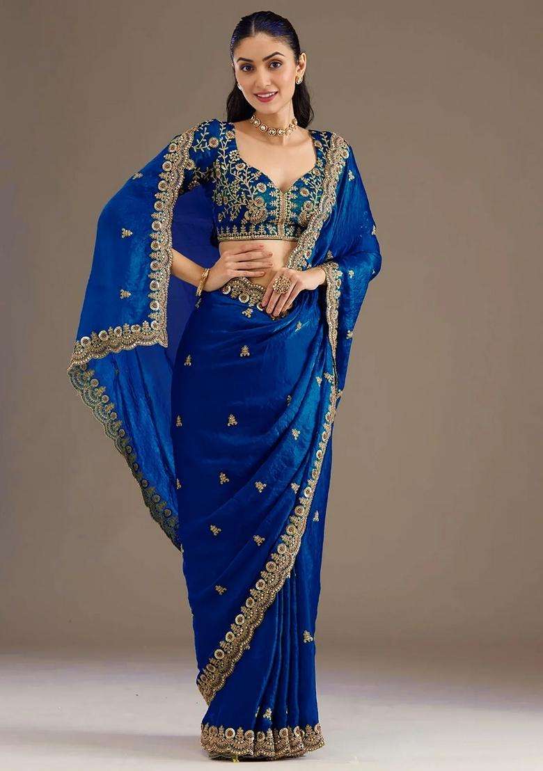 Blue Silk Blend Saree Set with Embroidery for Diwali | Wedding & Festive Wear - Indya