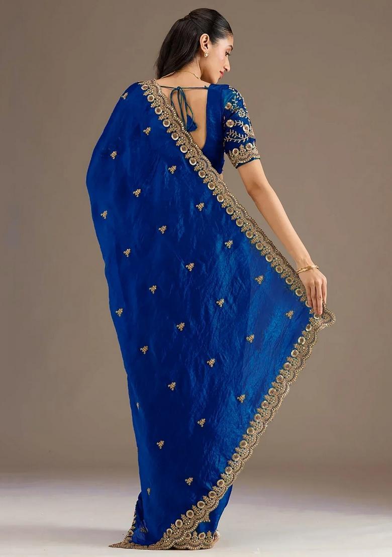 Blue Embroidery Silk Saree Set - Indya
