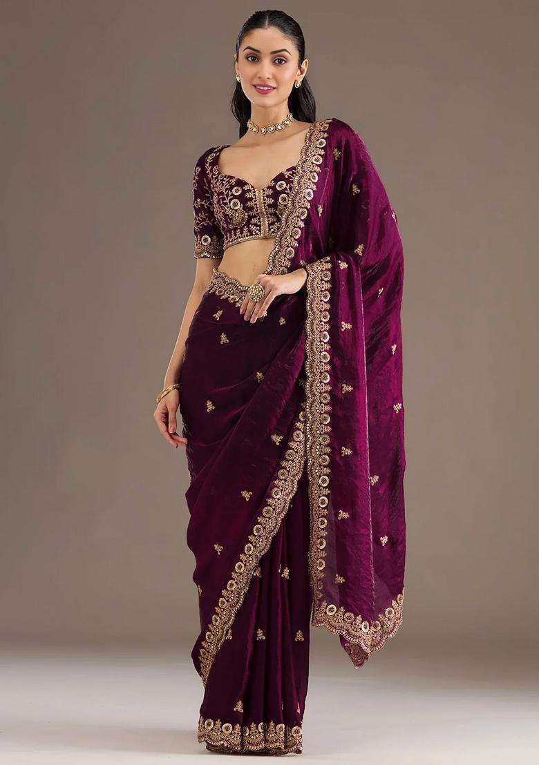 Wine Silk Blend Saree Set with Embroidery for Diwali | Wedding & Festive Wear - Indya