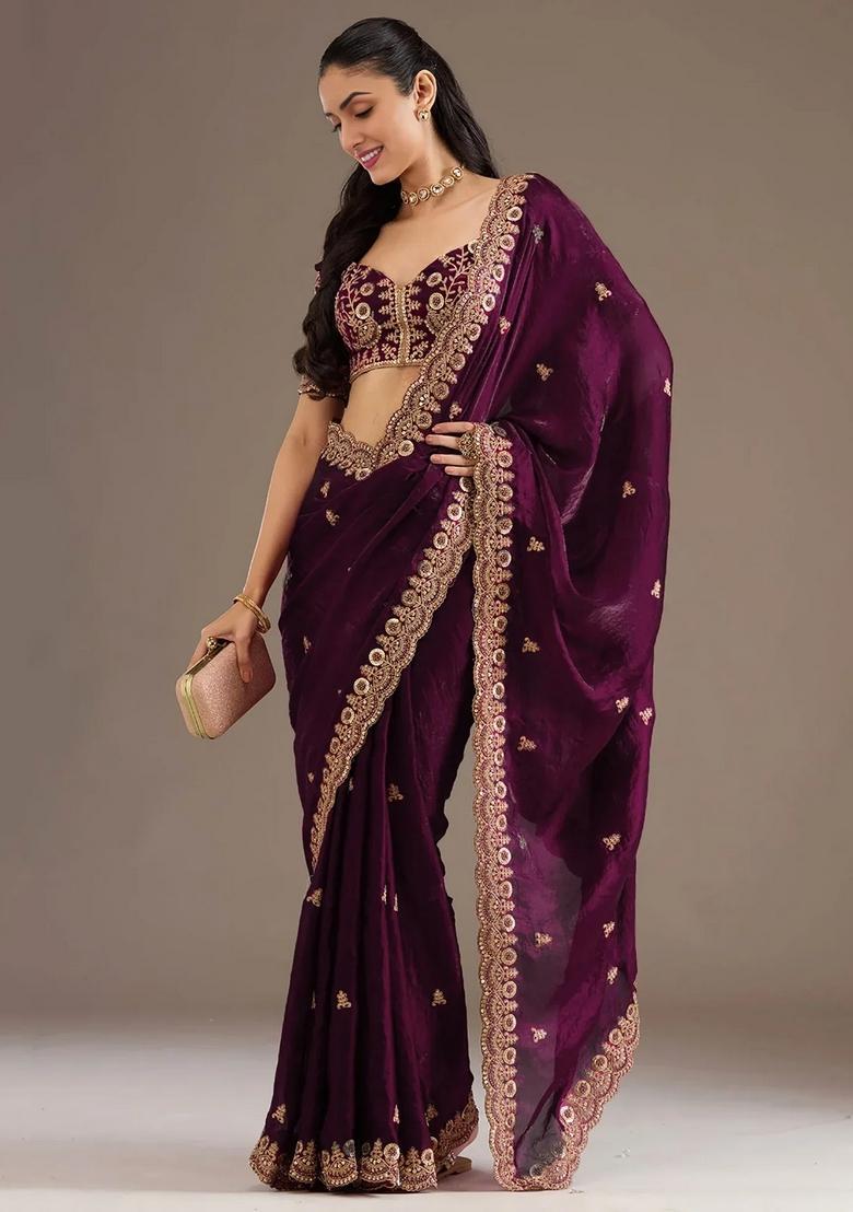 Wine Embroidery Silk Saree Set - Indya