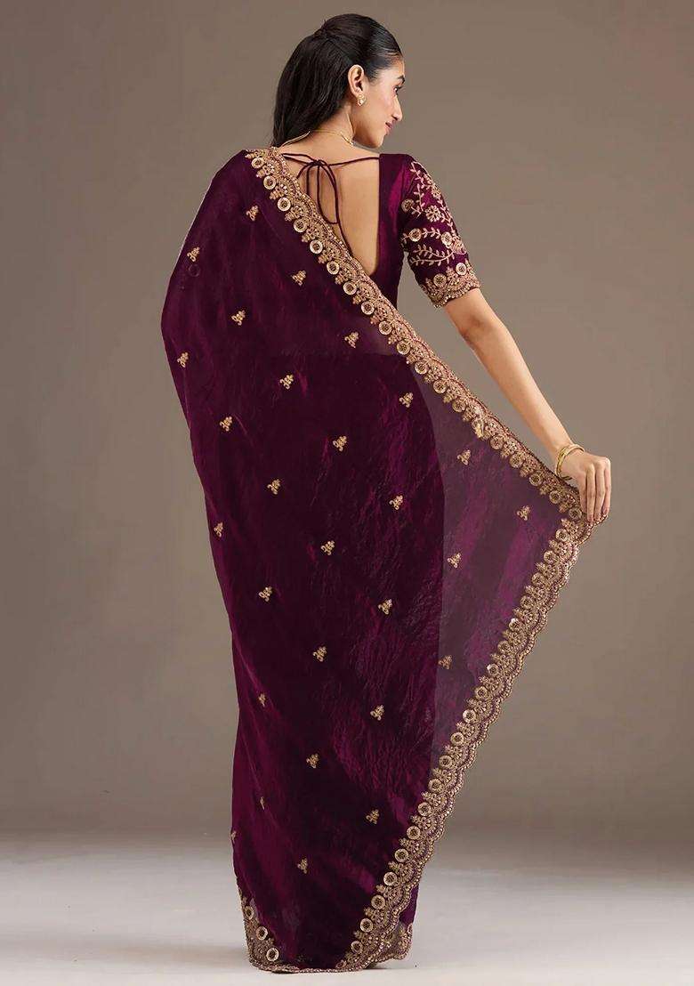 Wine Silk Blend Saree Set with Embroidery for Diwali | Wedding & Festive Wear - Indya