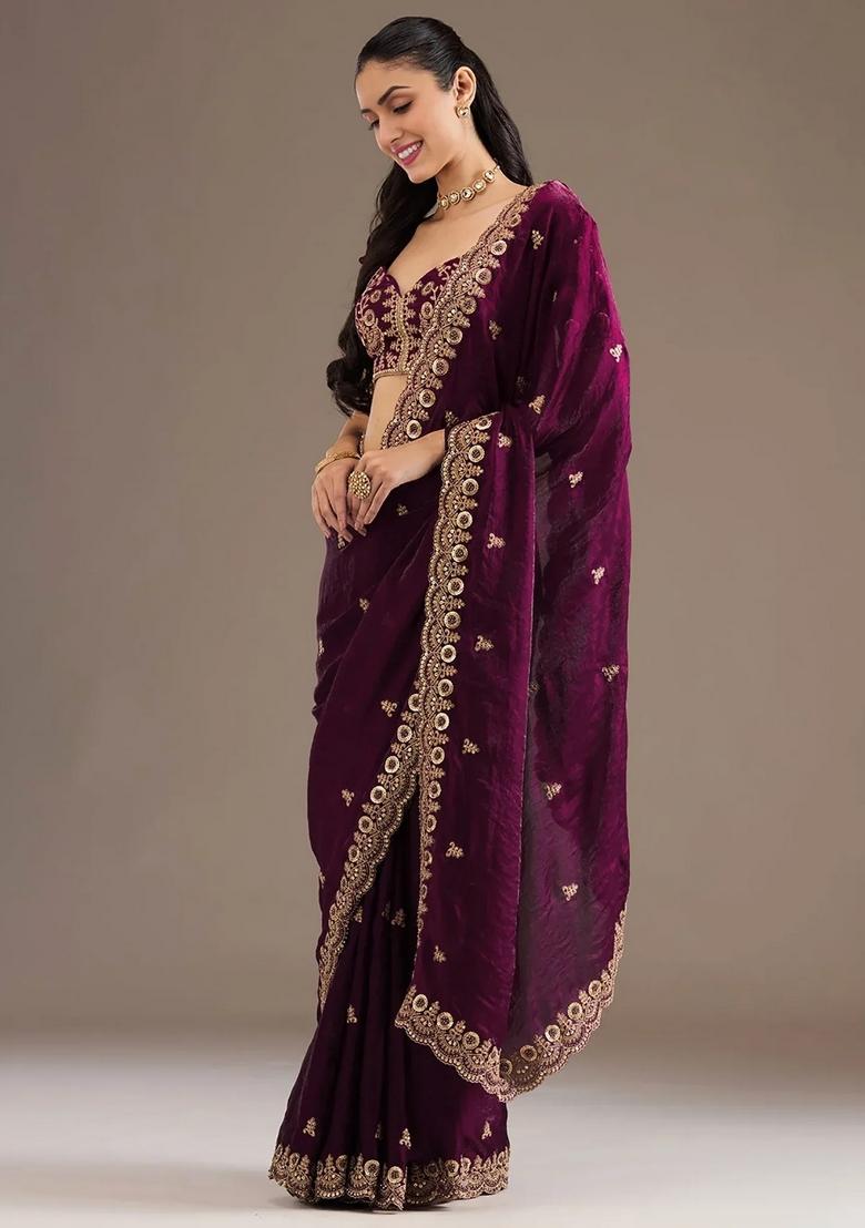 Wine Embroidery Silk Saree Set - Indya