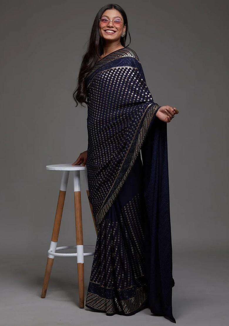 Navy Blue Georgette Saree Set with Embroidery for Diwali | Wedding & Festive Wear - Indya