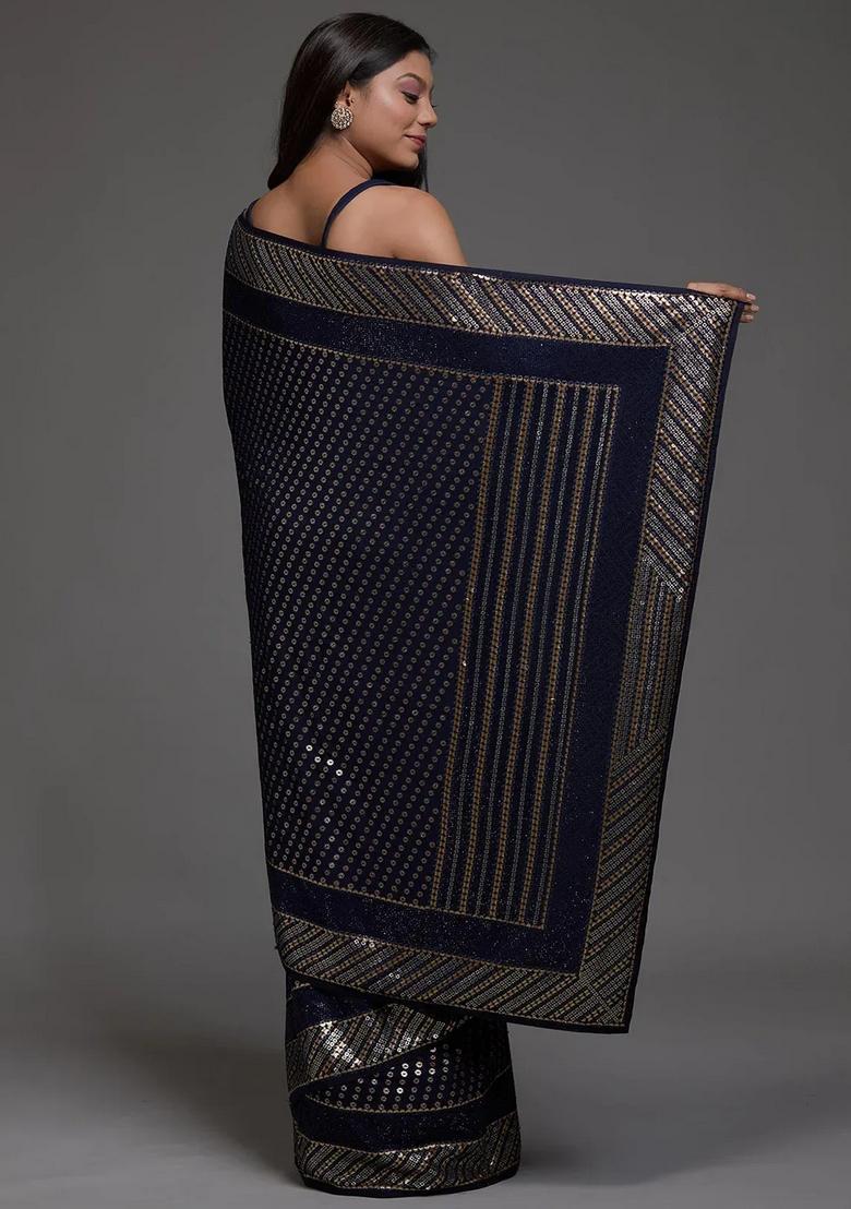 Navy Blue Embroidery Georgette Saree Set - Indya