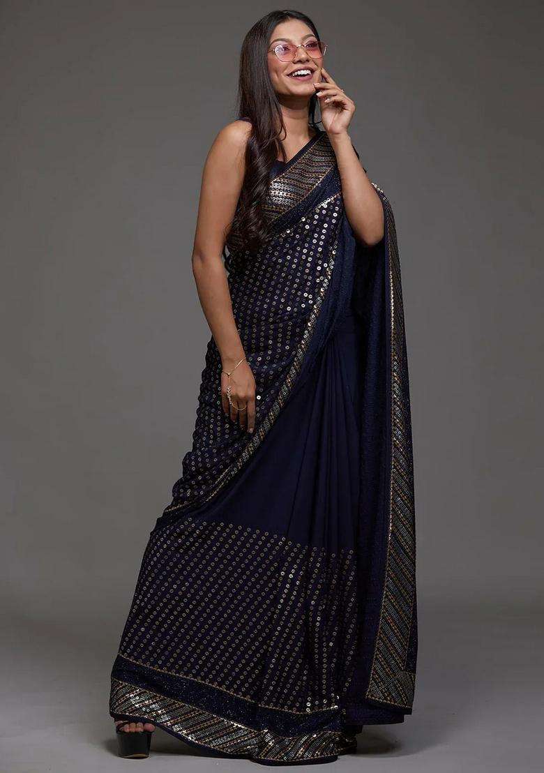 Navy Blue Georgette Saree Set with Embroidery for Diwali | Wedding & Festive Wear - Indya