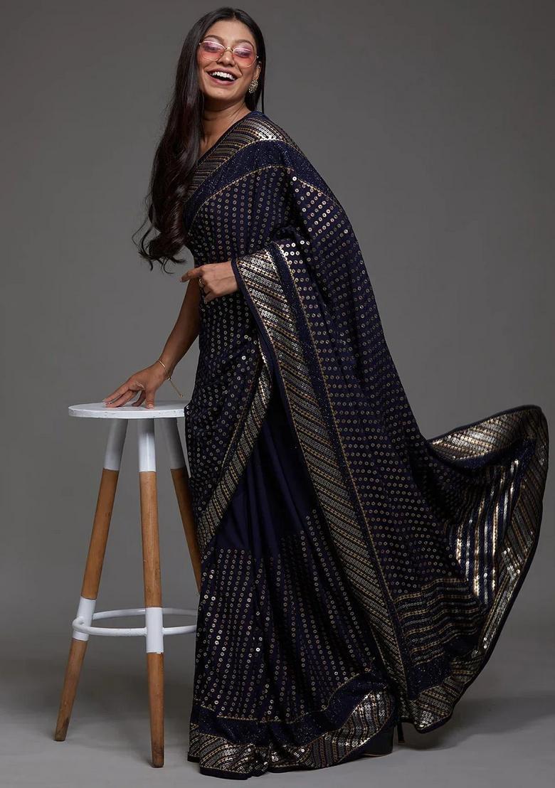 Navy Blue Embroidery Georgette Saree Set - Indya