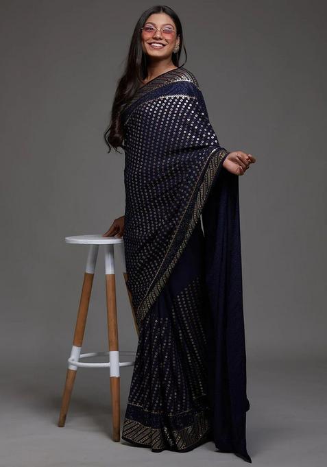 Navy Blue Embroidery Georgette Saree Set
