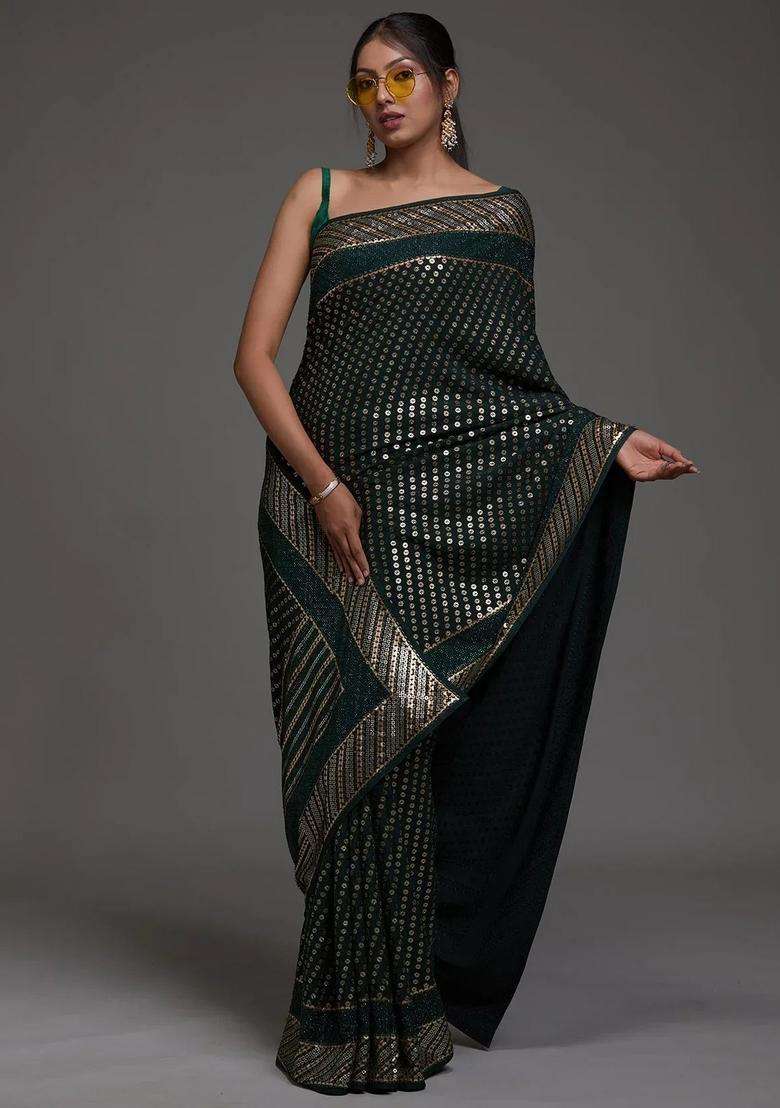 Green Embroidery Georgette Saree Set for Diwali and Festive Wear - Indya