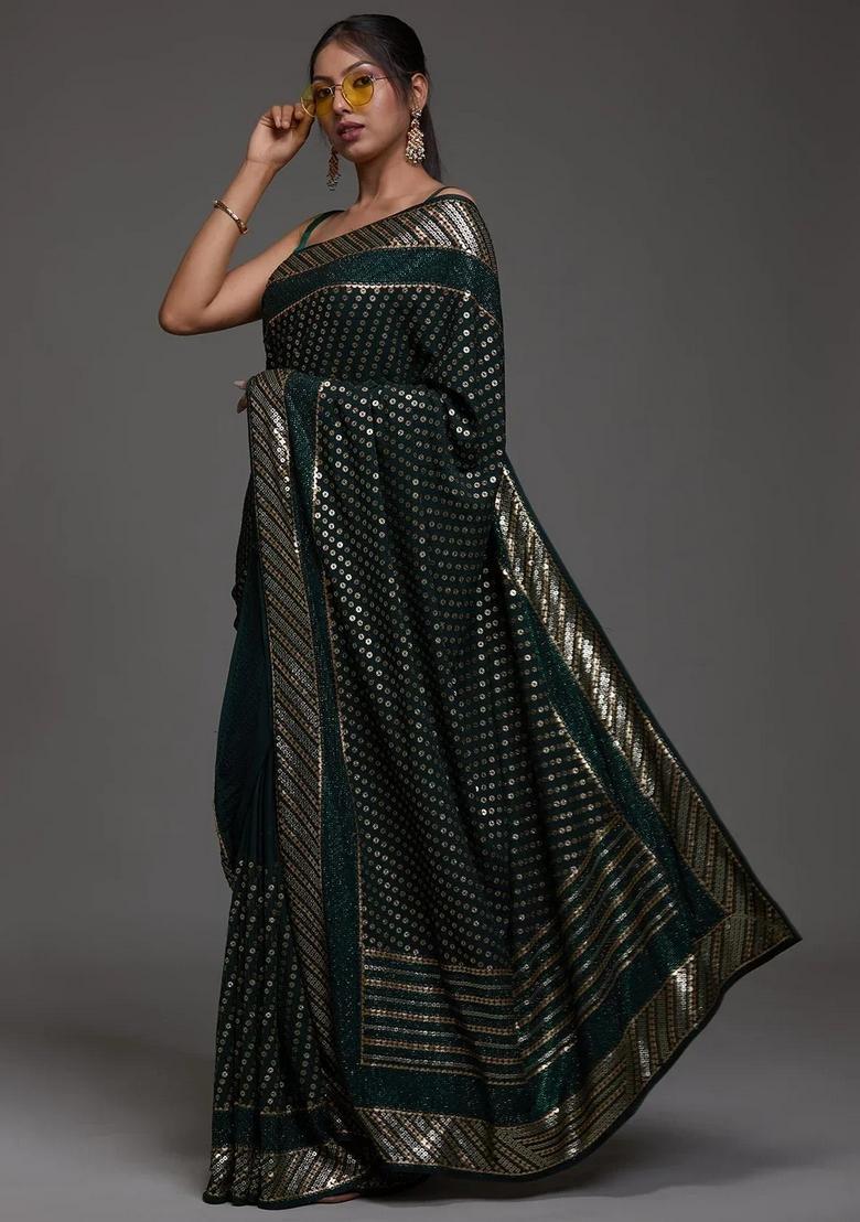 Green Embroidery Georgette Saree Set - Indya