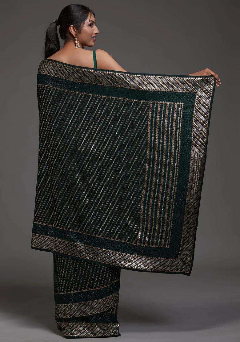 Green Embroidery Georgette Saree Set for Diwali and Festive Wear - Indya