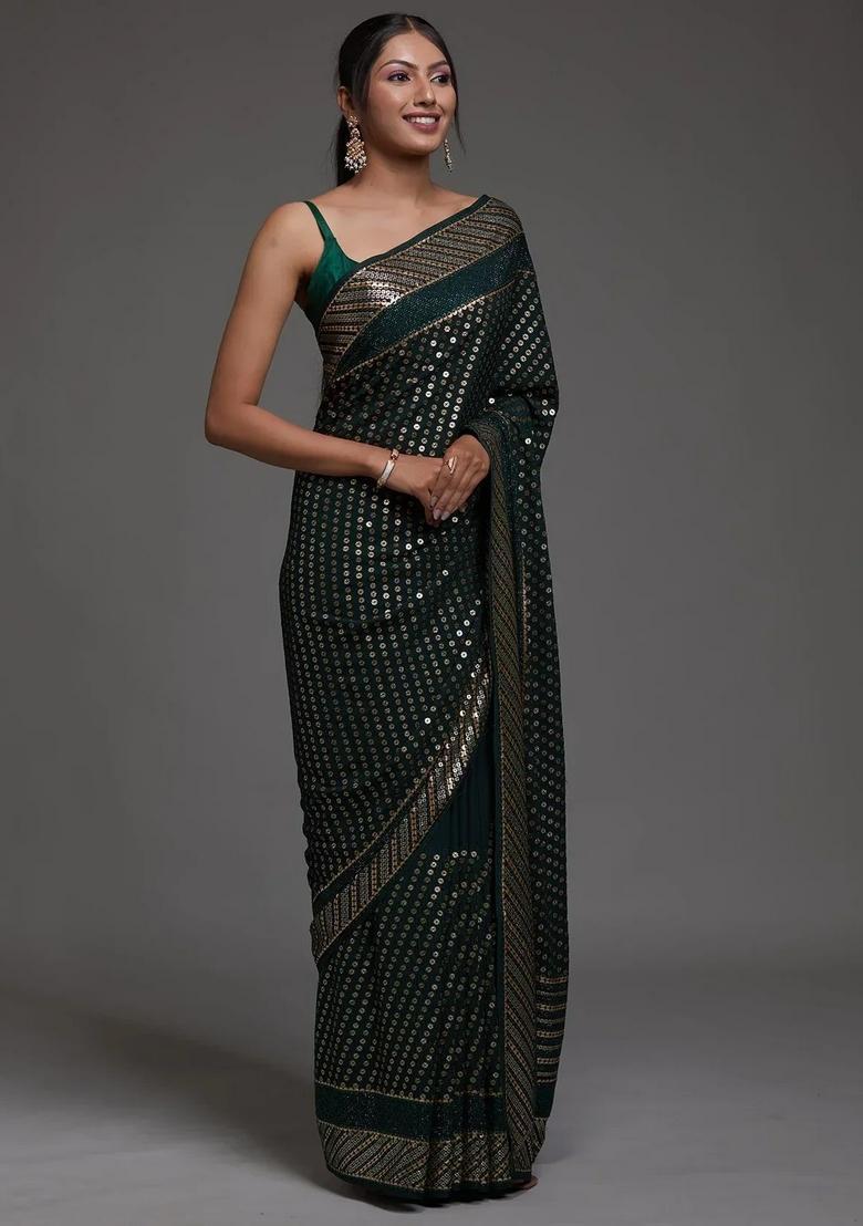Green Embroidery Georgette Saree Set - Indya