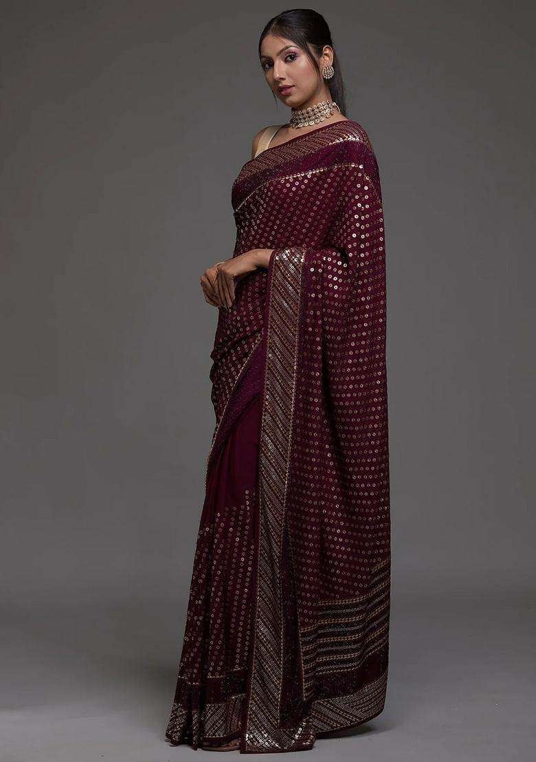 Maroon Embroidery Georgette Saree Set for Diwali and Festive Wear - Indya