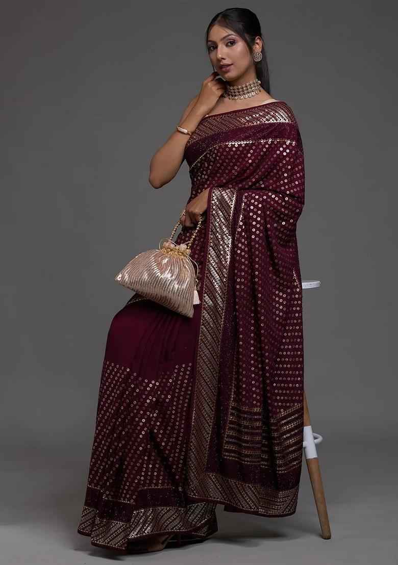 Maroon Embroidery Georgette Saree Set - Indya