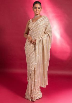 Cream Embroidery Georgette Saree Set