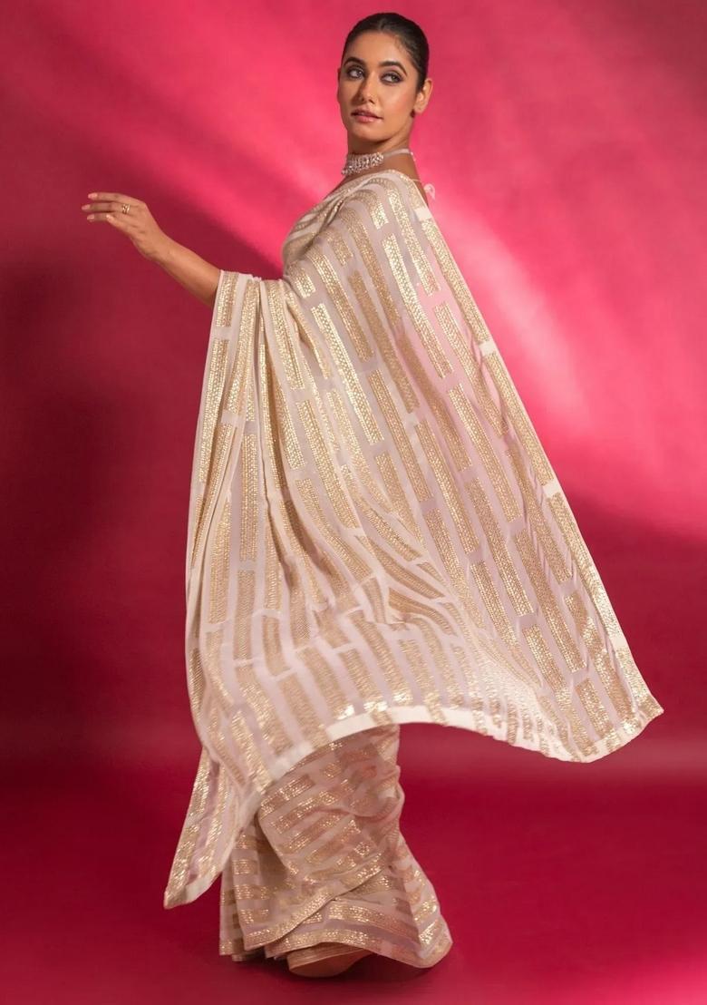 Cream Embroidery Georgette Saree Set - Indya