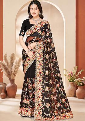 Black Embroidery Net Saree Set