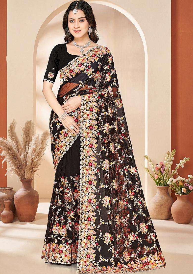 Black Embroidery Net Saree Set - Indya