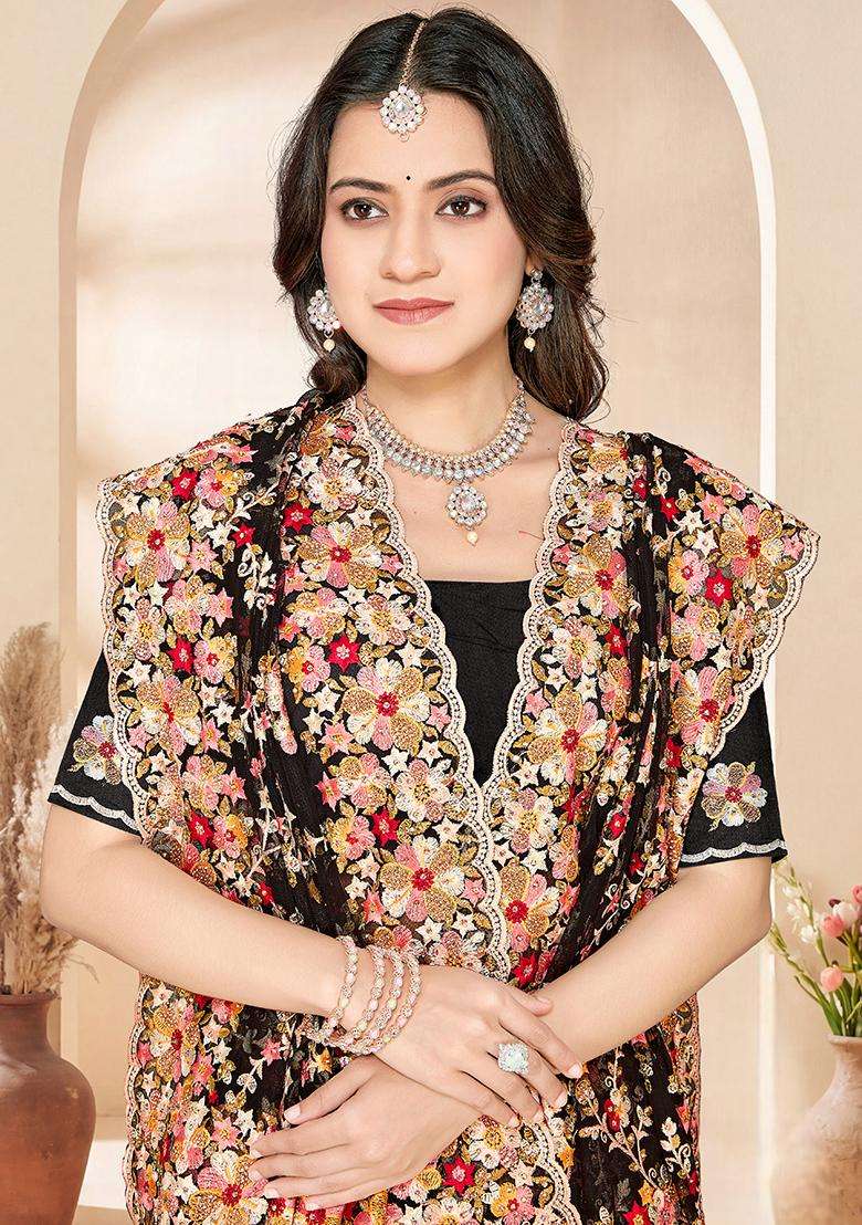 Black Embroidery Net Saree Set - Indya