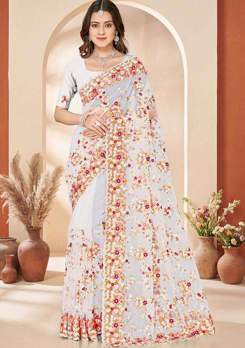 White Embroidery Net Saree Set - Indya
