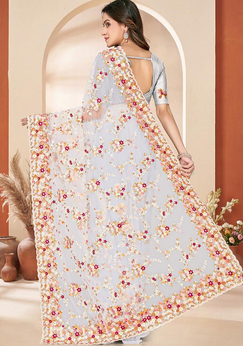 White Embroidery Net Saree Set - Indya