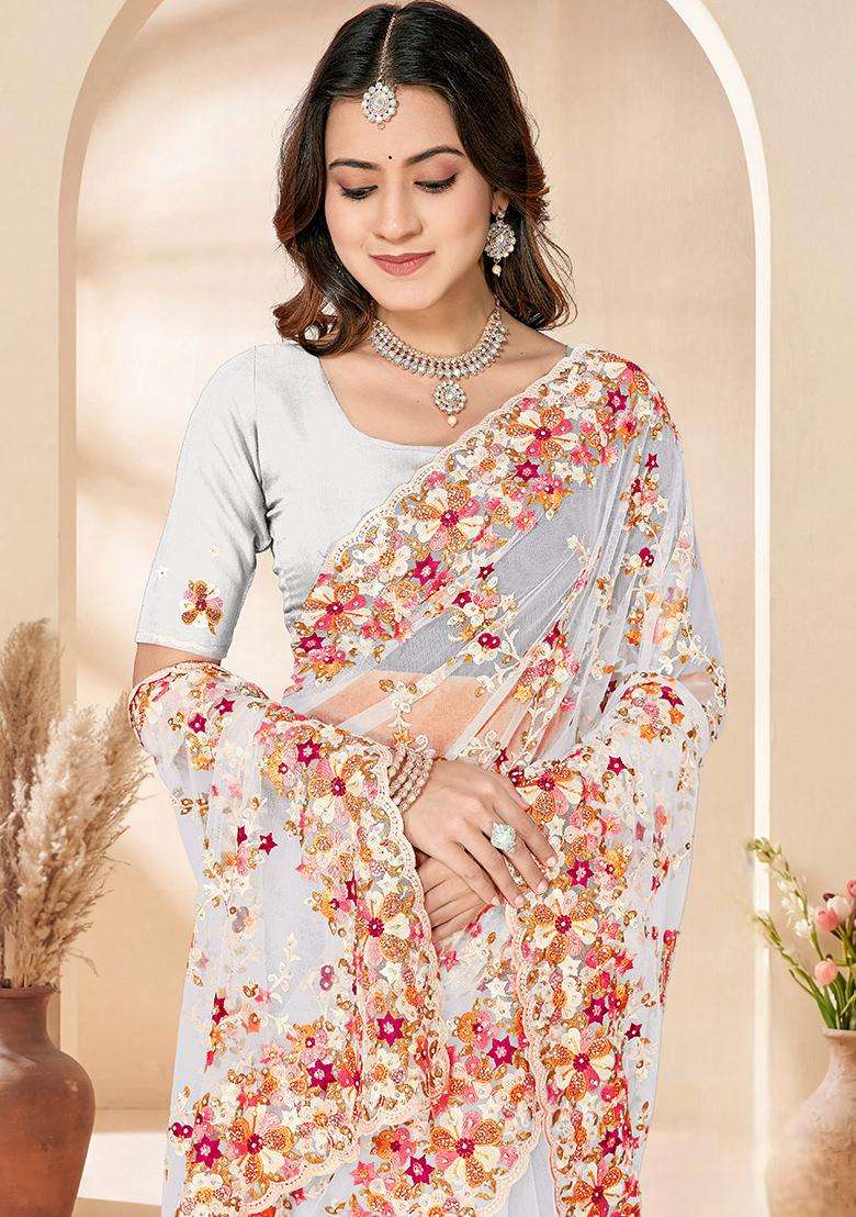White Embroidery Net Saree Set - Indya
