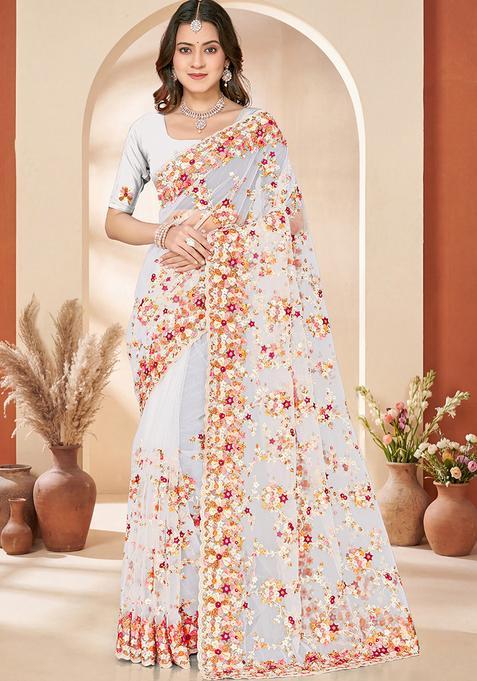 White Embroidery Net Saree Set