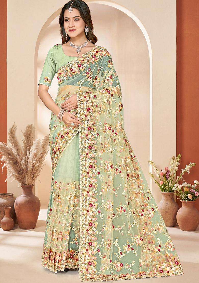 Sea Green Embroidery Net Saree Set - Indya