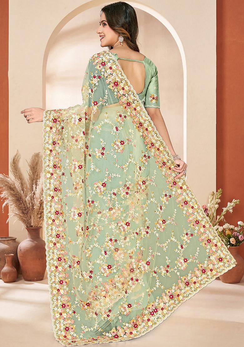 Sea Green Embroidery Net Saree Set - Indya