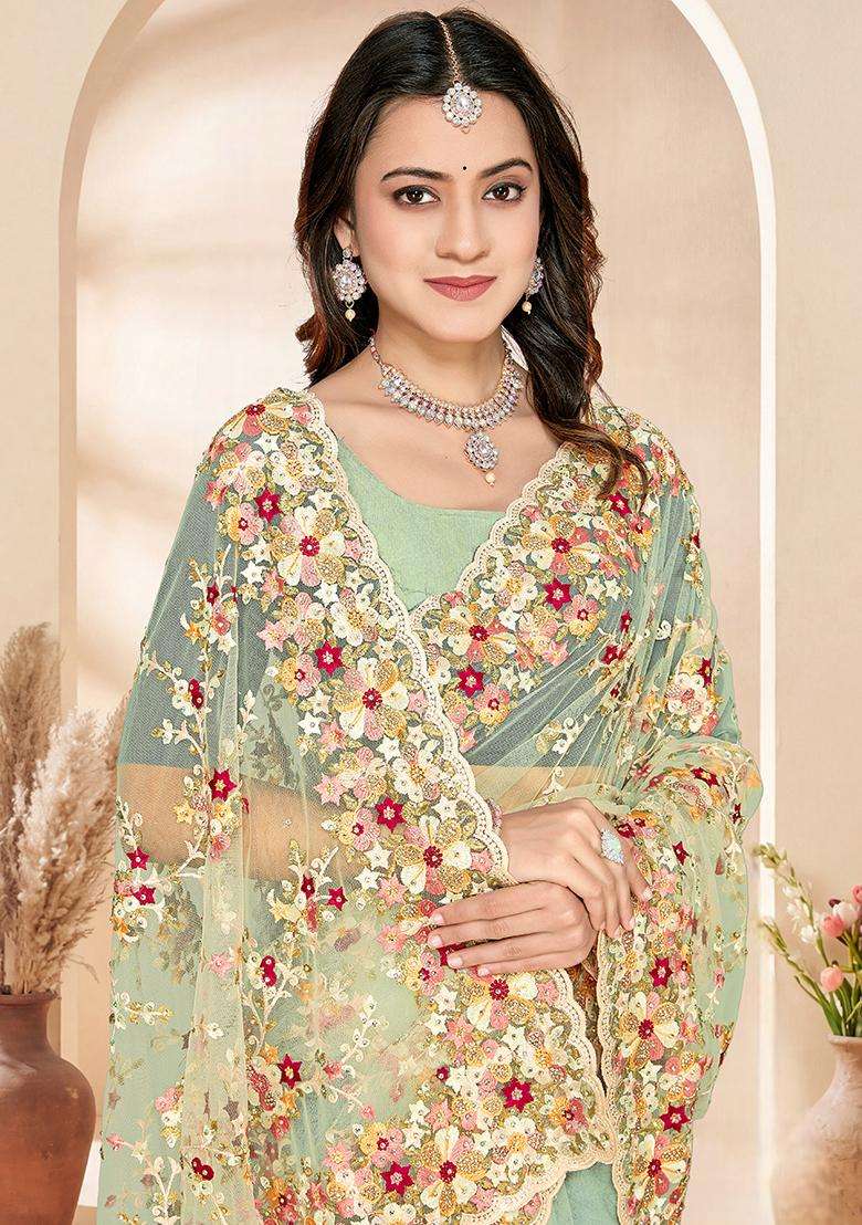 Sea Green Embroidery Net Saree Set - Indya
