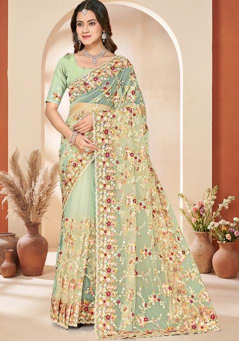 Sea Green Embroidery Net Saree Set