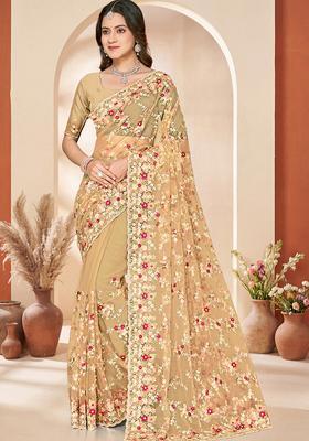 Lemon Yellow Embroidery Net Saree Set