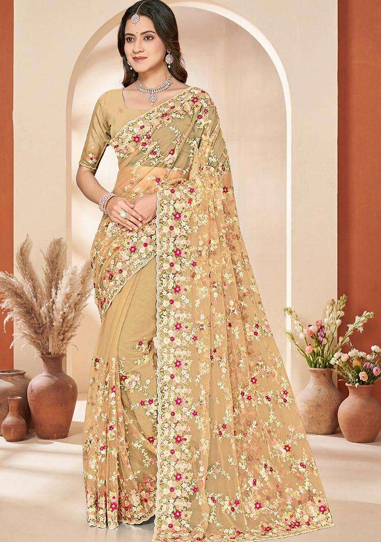 Lemon Yellow Embroidery Net Saree Set - Indya