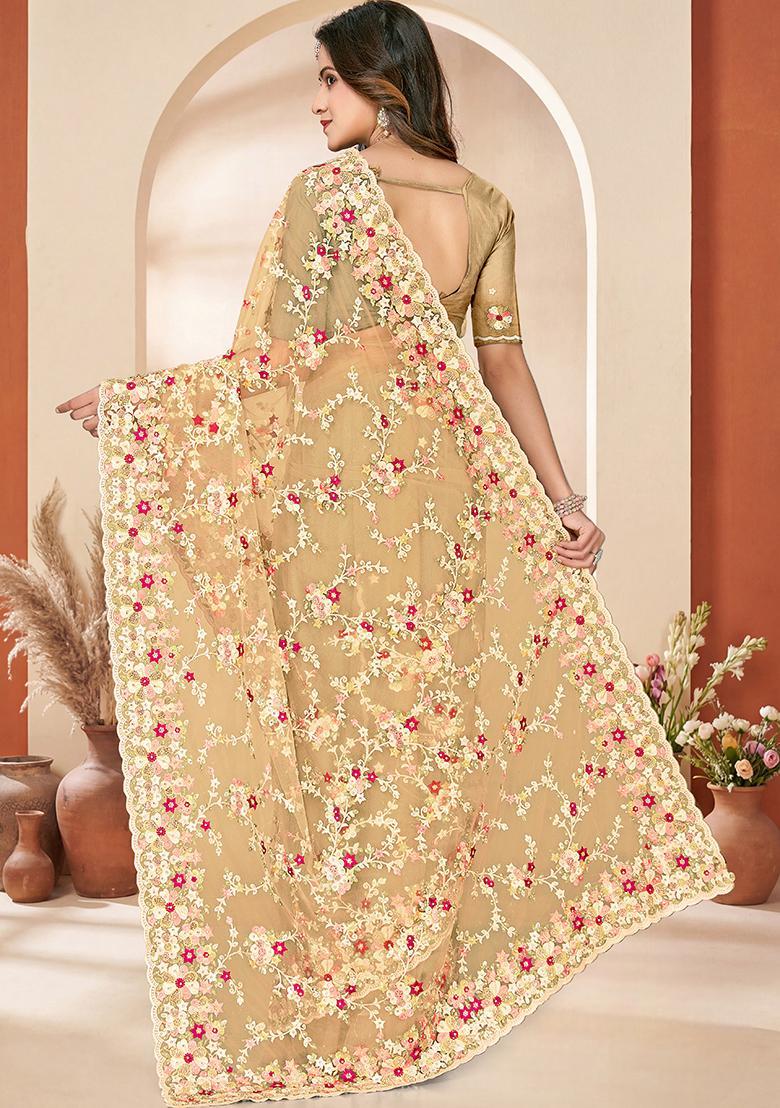Lemon Yellow Embroidery Net Saree Set - Indya
