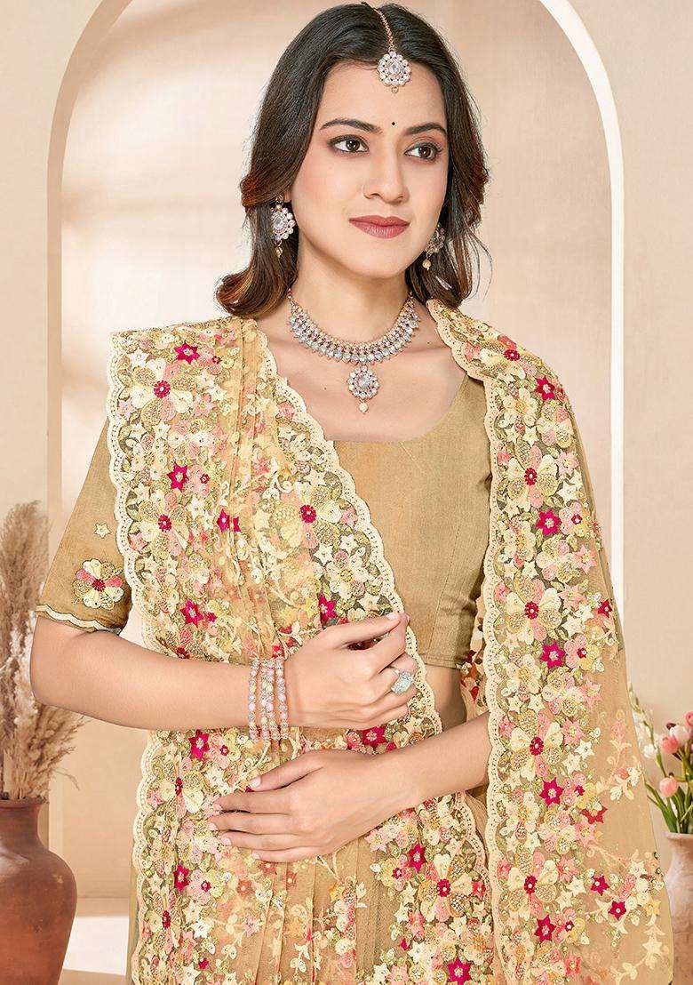 Lemon Yellow Embroidery Net Saree Set - Indya