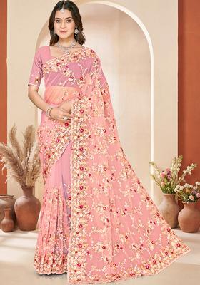 Dusty Peach Embroidery Net Saree Set