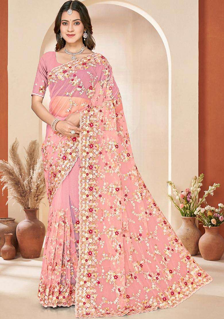 Dusty Peach Embroidery Net Saree Set - Indya