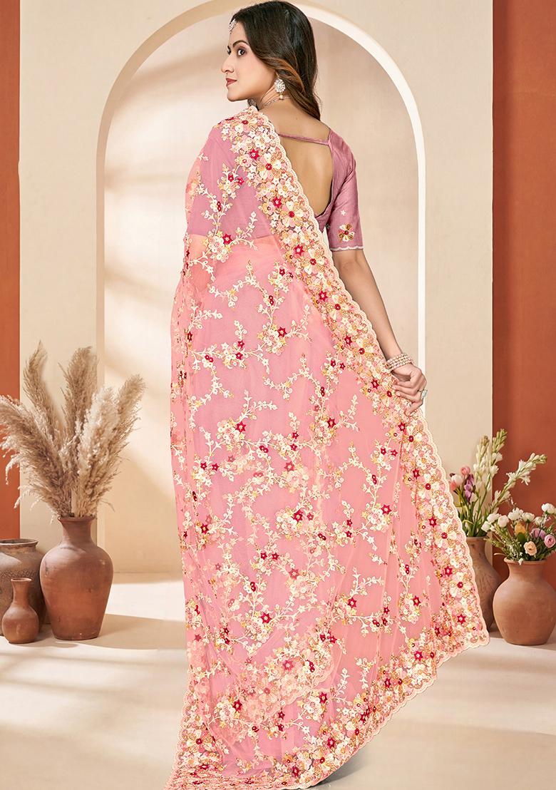 Dusty Peach Embroidery Net Saree Set - Indya