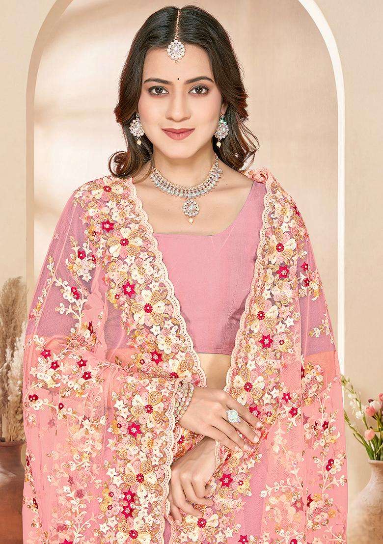 Dusty Peach Embroidery Net Saree Set - Indya