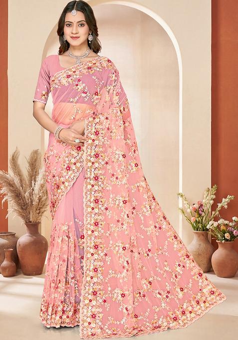 Dusty Peach Embroidery Net Saree Set