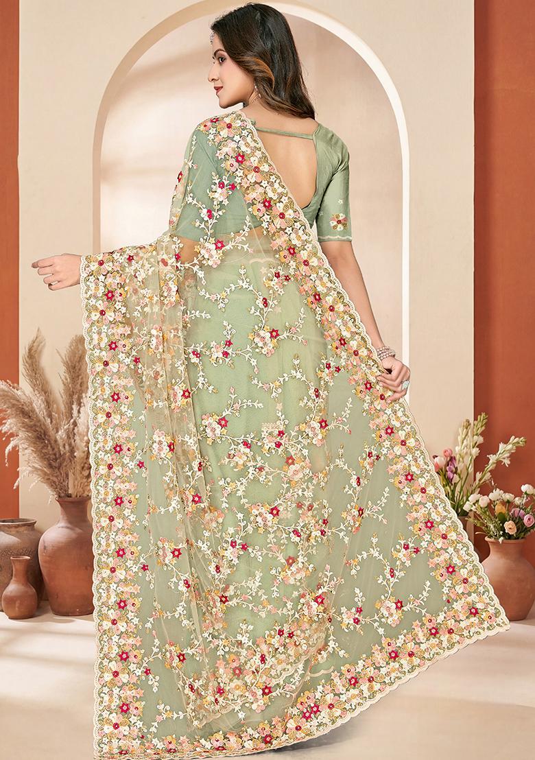 Dusty Pista Embroidery Net Saree Set - Indya