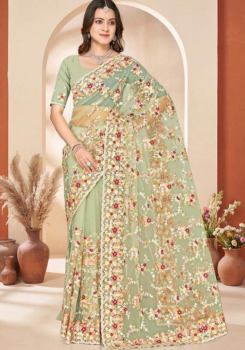 Dusty Pista Embroidery Net Saree Set