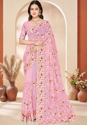 Dusty Pink Embroidery Net Saree Set