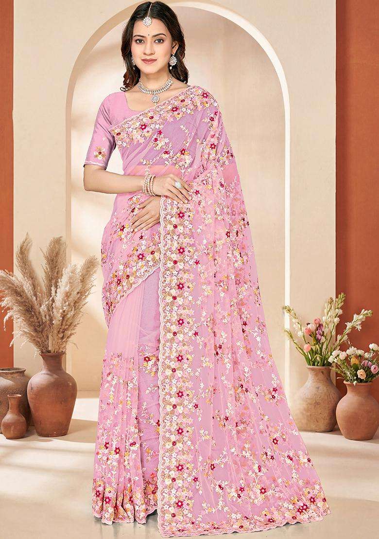 Dusty Pink Embroidery Net Saree Set - Indya