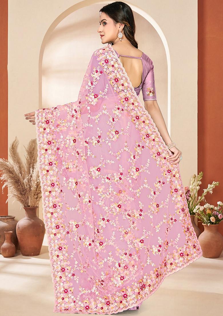 Dusty Pink Embroidery Net Saree Set - Indya