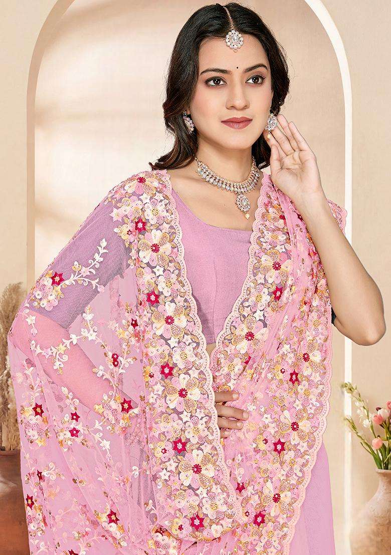Dusty Pink Embroidery Net Saree Set - Indya