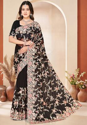 Black Embroidery Net Saree Set