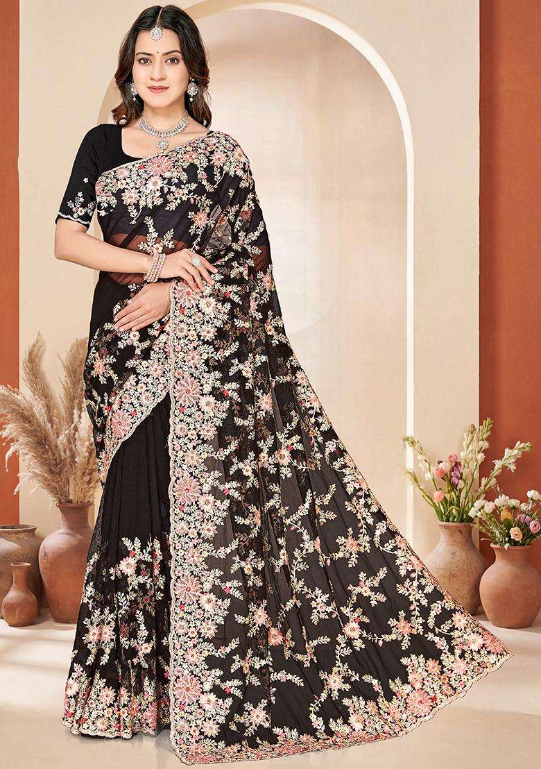 Black Embroidery Net Saree Set - Indya