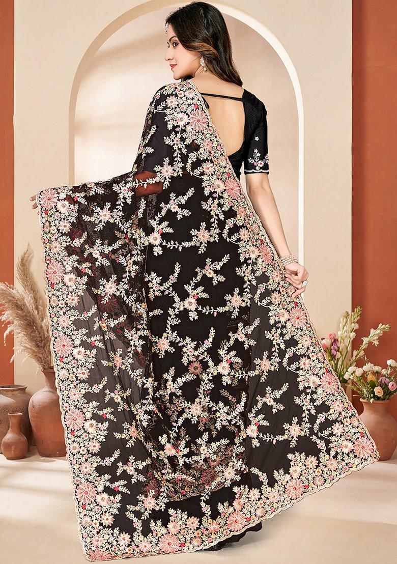 Black Embroidery Net Saree Set - Indya