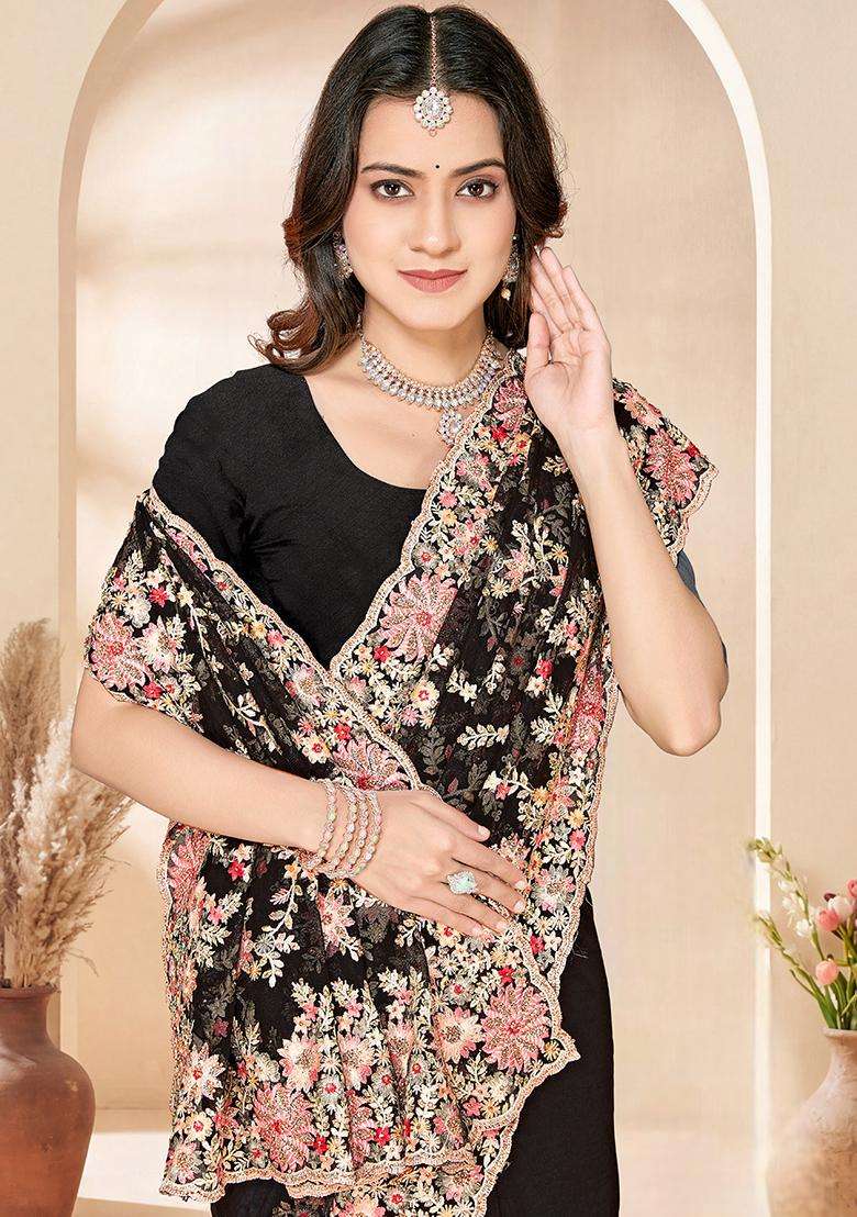 Black Embroidery Net Saree Set - Indya