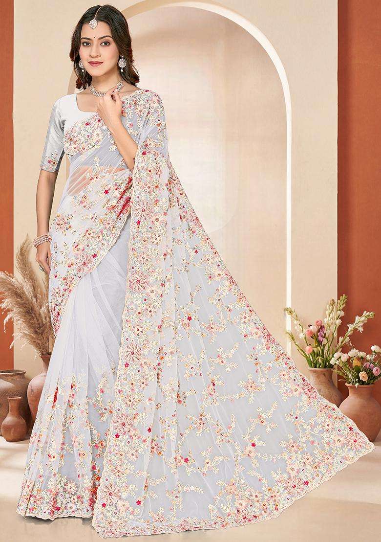 White Embroidery Net Saree Set - Indya